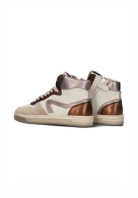 Hoge sneakers met een bovenwerk van beige en bruine suede, metallic bronzen accenten, crèmekleurige veters en een gestructureerde rubberen zool.