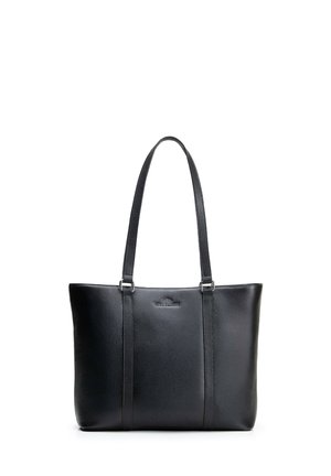 Zwarte leren schoudertas met twee lange schouderbanden en een subtiel merkembleem geëtst in het midden aan de voorkant.