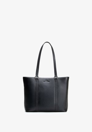 Sac fourre-tout en cuir noir avec deux longues bandoulières et logo de la marque discrètement embossé au centre avant.