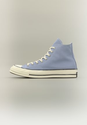 Tenis cu șireturi albe, din pânză albastru deschis, cu design înalt, capac de cauciuc pe vârf și talpă groasă albă cu margine neagră, pe un fundal neutru.