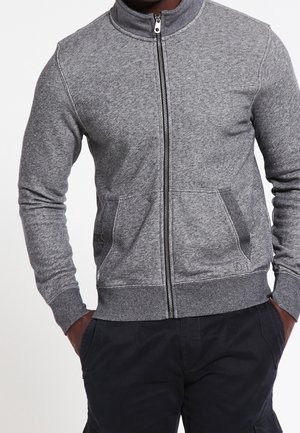 Grå zip-up sweatshirt med ståkrage, ribbad mudd, framfickor och en slät textur. Har en hel-längds dragkedja och subtil branding.
