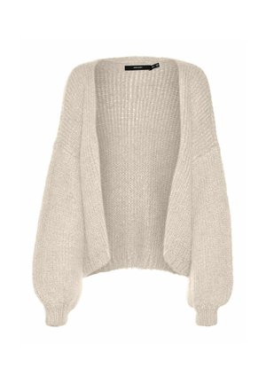 Gaiši bēšs pārizmēra kardigans ar adītu tekstūru, atvērts priekšpuse, platas piedurknes, ribotā apakša, pūkains materiāls, brīvs piegriezums, bez aizdares.