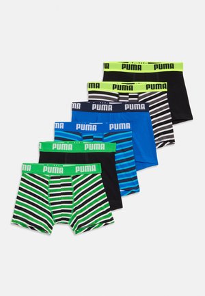Zes paar boxershorts in verschillende kleuren: zwart, blauw, groen en gestreepte patronen. Elke heeft een merk-elastische tailleband.