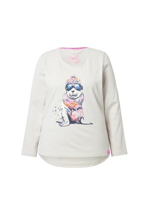 T-shirt à manches longues crème en coton, orné d'un graphisme d'un chien portant des lunettes et une écharpe, avec un accent rose sur le col.