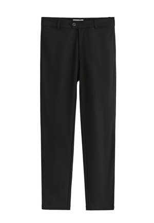 Pantalon noir sur mesure avec une texture lisse, des jambes droites, une fermeture à un bouton et des poches latérales pour un design fonctionnel.