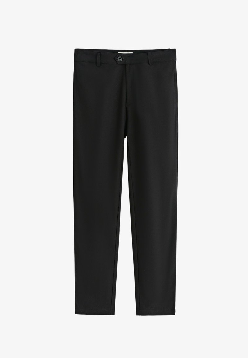 Pantalon noir sur mesure avec une texture lisse, des jambes droites, une fermeture à un bouton et des poches latérales pour un design fonctionnel.