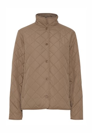 Giacca marrone trapuntata con colletto a scomparsa, caratterizzata da chiusure con bottoni e tasche laterali, realizzata in un materiale testurizzato per l'isolamento.