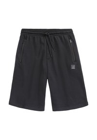 Schwarze Sweatshirtshorts aus weichem Material, mit einem elastischen Bund und Kordelzug, zwei Reißverschlusstaschen und einem Logo-Patch.
