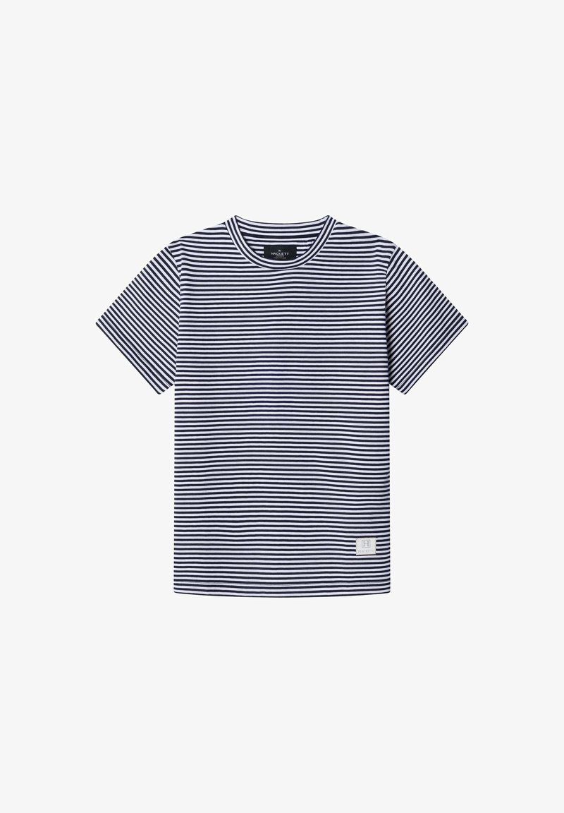 Camiseta de manga corta a rayas azul marino y blanca, cuello redondo, de algodón, con una pequeña etiqueta de logo en la parte inferior izquierda.