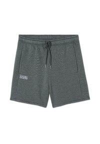 Pantalones cortos grises para hombre hechos de tela texturizada, con una cintura elástica y cordón, y bolsillos laterales. Pequeño logo en la parte frontal.