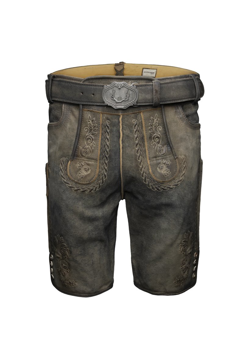 Lederhosen de cuero marrón oscuro tradicionales con bordados decorativos, botones laterales y un cinturón a juego con una hebilla de asta de metal.