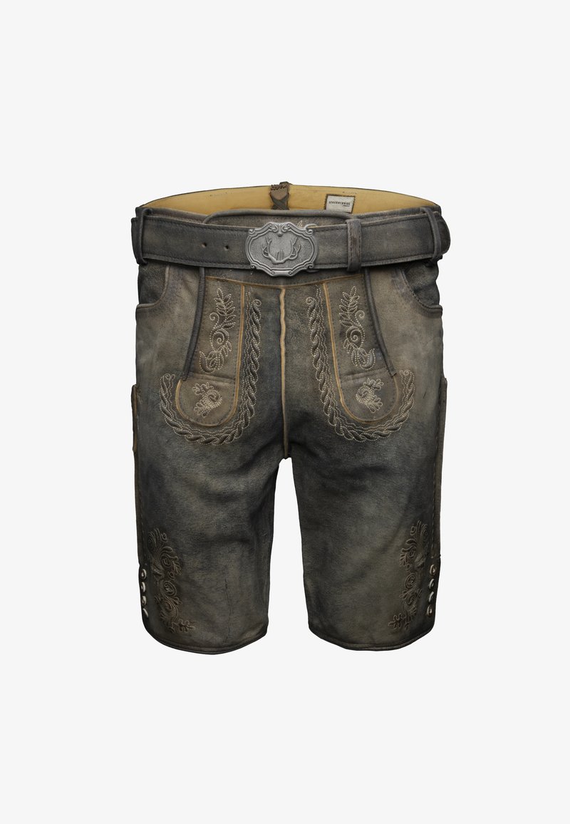 Lederhosen de cuero marrón oscuro tradicionales con bordados decorativos, botones laterales y un cinturón a juego con una hebilla de asta de metal.