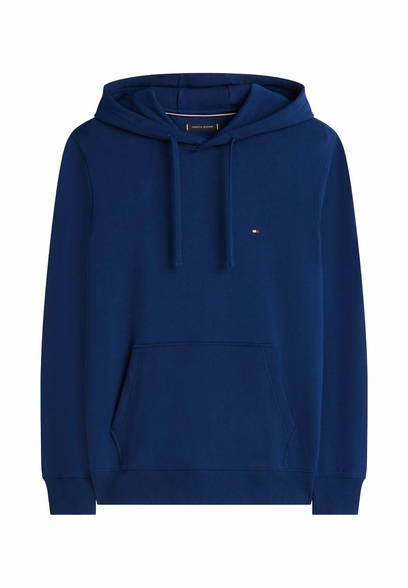Sweat à capuche bleu marine avec poche avant, capuche à cordon, poignets côtelés et petit logo Tommy Hilfiger sur le côté gauche de la poitrine.