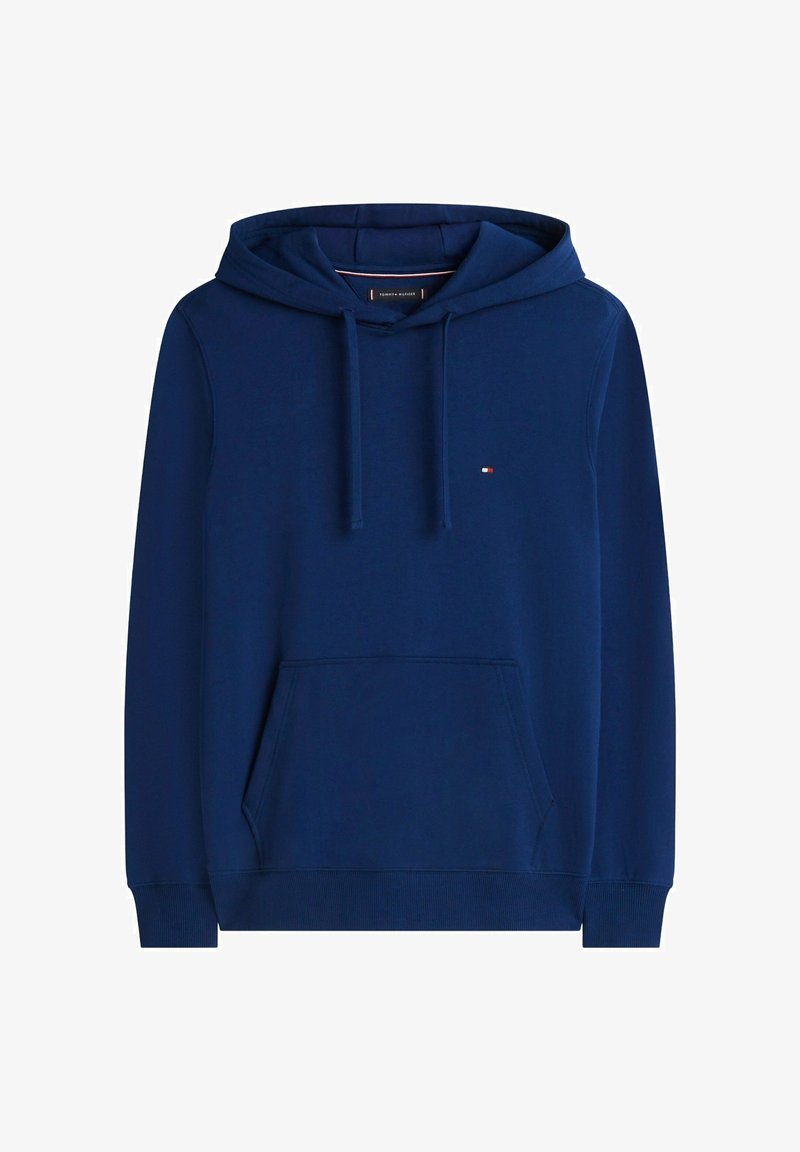 Sweat à capuche bleu marine avec poche avant, capuche à cordon, poignets côtelés et petit logo Tommy Hilfiger sur le côté gauche de la poitrine.