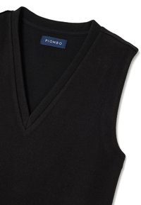 Schwarz ärmelloses Oberteil mit einem V-Ausschnitt, aus glattem Material gefertigt. Verfügt über eine dezente Textur und ein Etikett mit "PIOMBO" in kontrastierendem Blau.