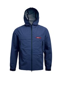 Veste à capuche bleu marine avec fermeture éclair à l'avant, deux poches latérales et une poche horizontale sur la poitrine avec un accent logo rouge.