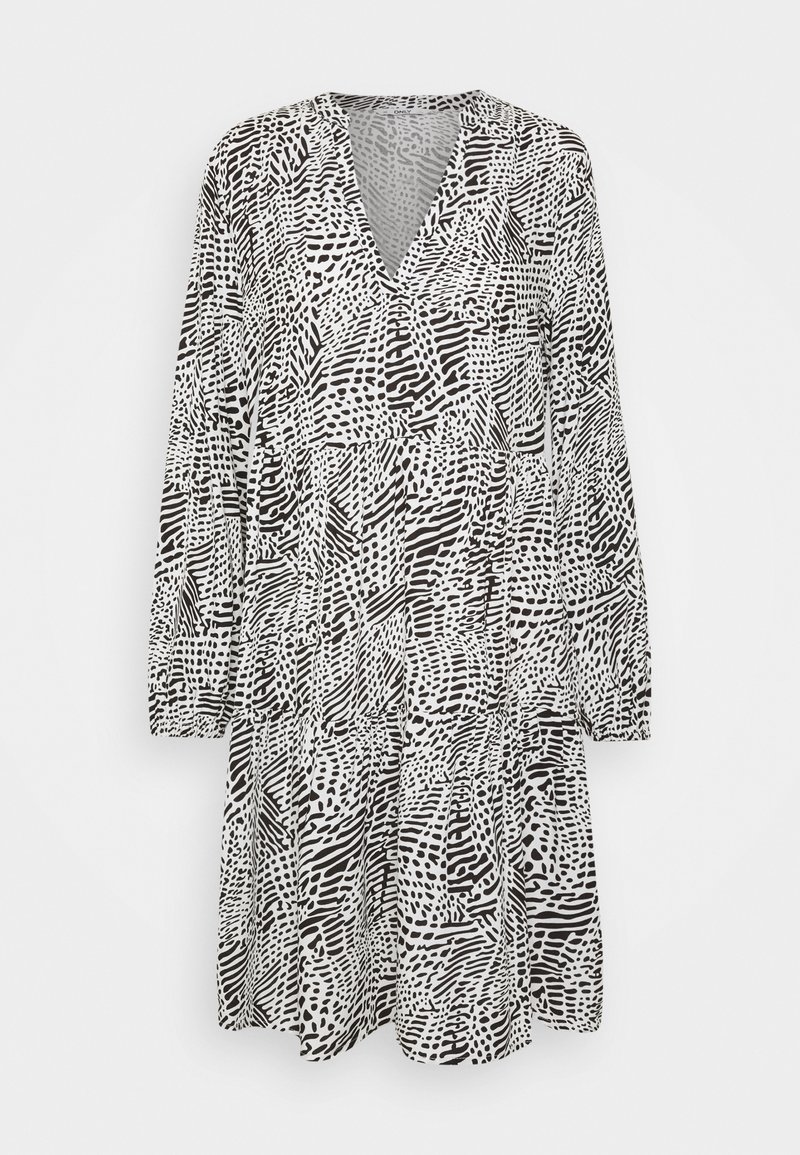 Black and white patterned dress with a V-neck, long sleeves, and gathered details at the waist, made from a lightweight fabric.