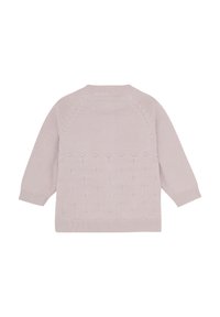 Ljusrosa stickad tröja med ett texturerat mönster på baksidan, ribbade ärmslut och rund halsringning. Långa ärmar.