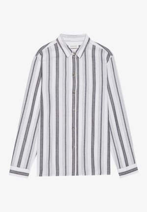 Camicia con maniche lunghe e bottoni di colore bianco con righe verticali nere. Realizzata in un tessuto leggero, presenta un colletto classico e polsini.