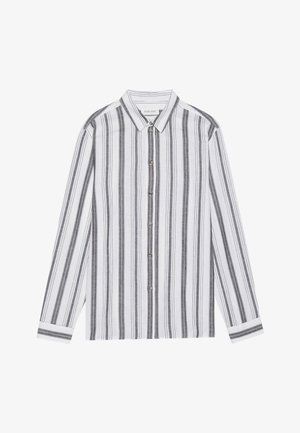 Langärmeliges Hemd mit Knöpfen in Weiß mit schwarzen vertikalen Streifen. Hergestellt aus einem leichten Stoff, mit klassischem Kragen und Manschetten.