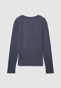 Maglietta a maniche lunghe di colore blu navy con scollatura rotonda e taglio dritto, realizzata in un tessuto strutturato senza cuciture visibili o decorazioni.