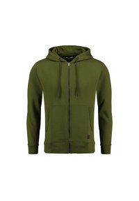 Felpa con zip verde khaki, dotata di cappuccio regolabile, tasche frontali e polsini a coste. Tessuto liscio con una piccola toppa con logo vicino all'orlo.