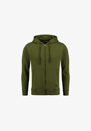 Khaki groene hoodie met ritssluiting, een capuchon met trekkoord, voorzakken en geribde manchetten. Gladde stof met een klein logo-embleem nabij de zoom.