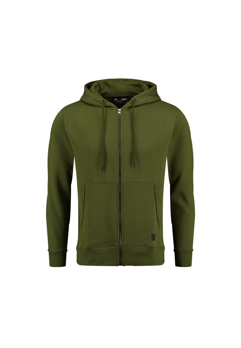 Felpa con zip verde khaki, dotata di cappuccio regolabile, tasche frontali e polsini a coste. Tessuto liscio con una piccola toppa con logo vicino all'orlo.