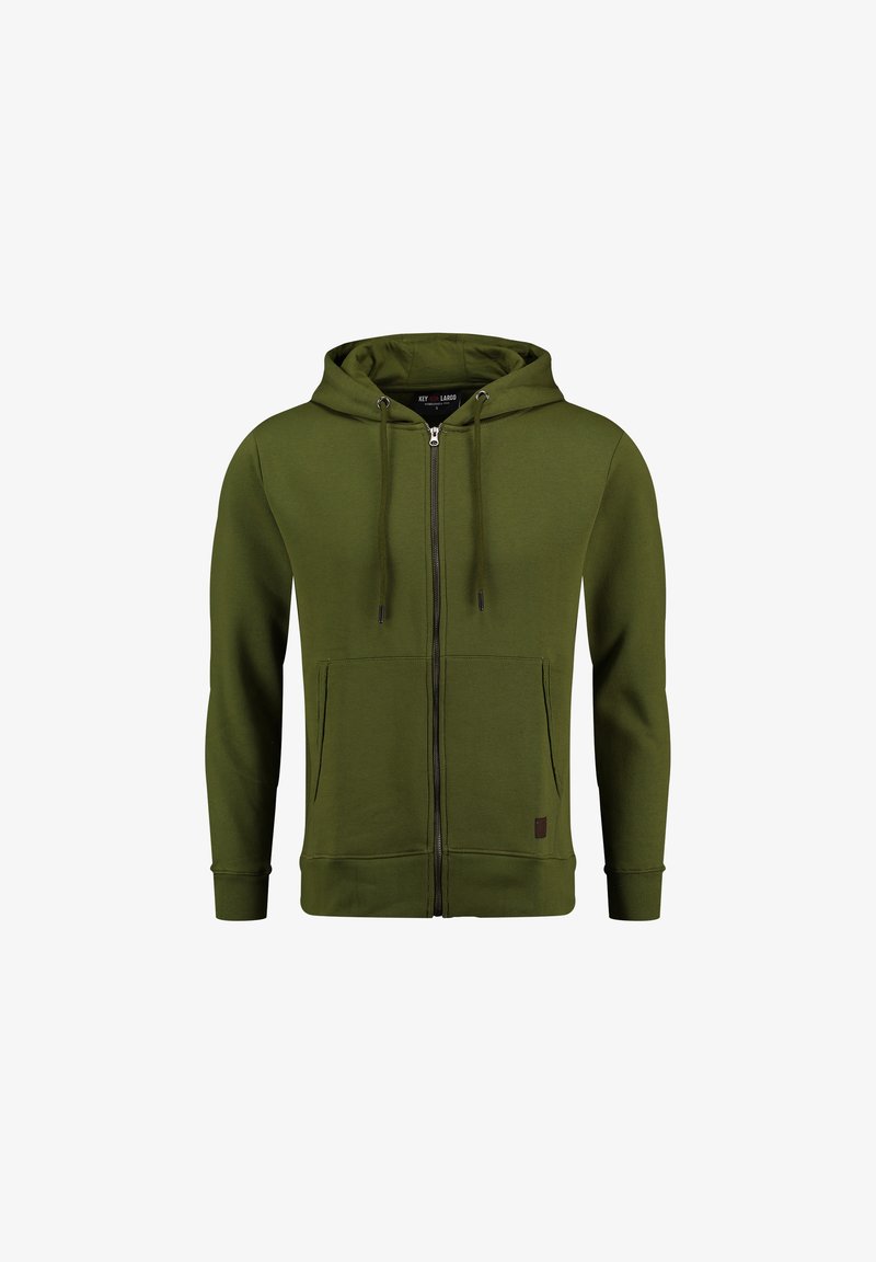 Khaki zöld cipzáras kapucnis pulóver, zsinóros kapucnival, elülső zsebekkel és bordázott mandzsettákkal. Simaságú anyag, a szegély közelében egy kis logópacsival.