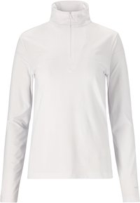 Weißer Pullover mit langen Ärmeln, hohem Kragen und halbem Reißverschluss. Glattes, leichtes Material mit minimalen Nähten und subtilen Designdetails.