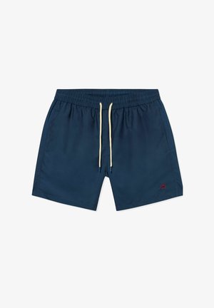 Navyblauwe zwembroek met elastische tailleband, crèmekleurig trekkoord, zijzakken en klein rood geborduurd logo op het linkerbeen.