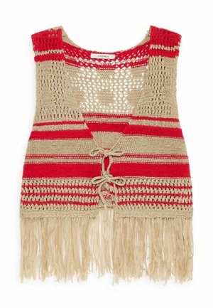 Gilet senza maniche lavorato a uncinetto con righe orizzontali beige e rosse, apertura frontale con lacci, motivo a maglia aperta e lunga frangia beige sull'orlo.