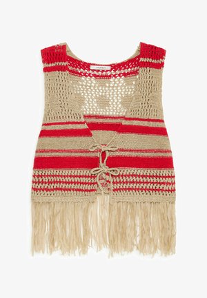 Gilet senza maniche lavorato a uncinetto con righe orizzontali beige e rosse, apertura frontale con lacci, motivo a maglia aperta e lunga frangia beige sull'orlo.