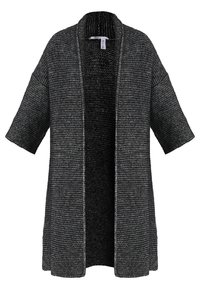 Svart och grå stickad cardigan med öppen framsida, korta ärmar och ett strukturerat mönster. Har kontrasterande sömmar längs kanterna.
