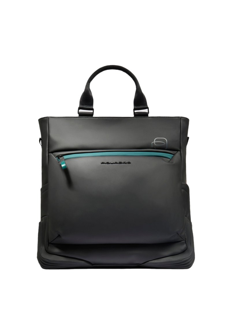 Zwarte rugzak met een gestructureerde afwerking, voorzien van een tealkleurig ritssluitingvak aan de voorkant, dubbele draaghandvatten en een minimalistisch logo.