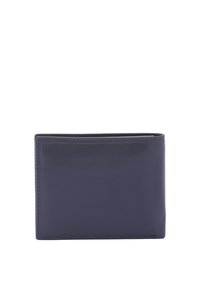 Portefeuille en cuir marine avec une texture lisse et des détails cousus. Le design plié en deux comprend plusieurs emplacements pour cartes et un compartiment pour les billets.