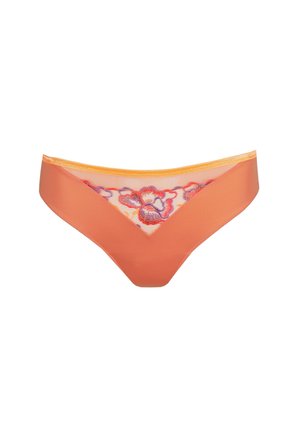 Oranje bikini-ondergoed met bloemrijke borduursels op het doorschijnende gaaspaneel aan de voorkant en satijnachtig stof aan de zijkanten en onderkant.