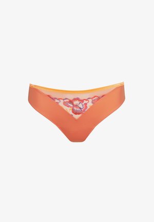 Oranje bikini-ondergoed met bloemrijke borduursels op het doorschijnende gaaspaneel aan de voorkant en satijnachtig stof aan de zijkanten en onderkant.