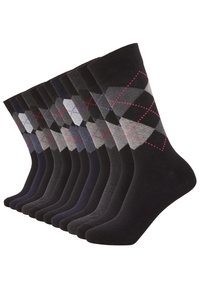 Pack of socks featuring varied shades of black and gray, with a diamond pattern in colors like red and blue on select pairs.