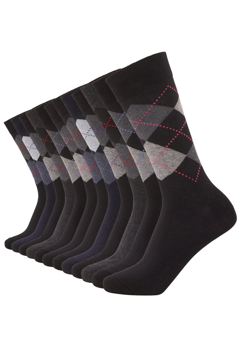 Pack of socks featuring varied shades of black and gray, with a diamond pattern in colors like red and blue on select pairs.