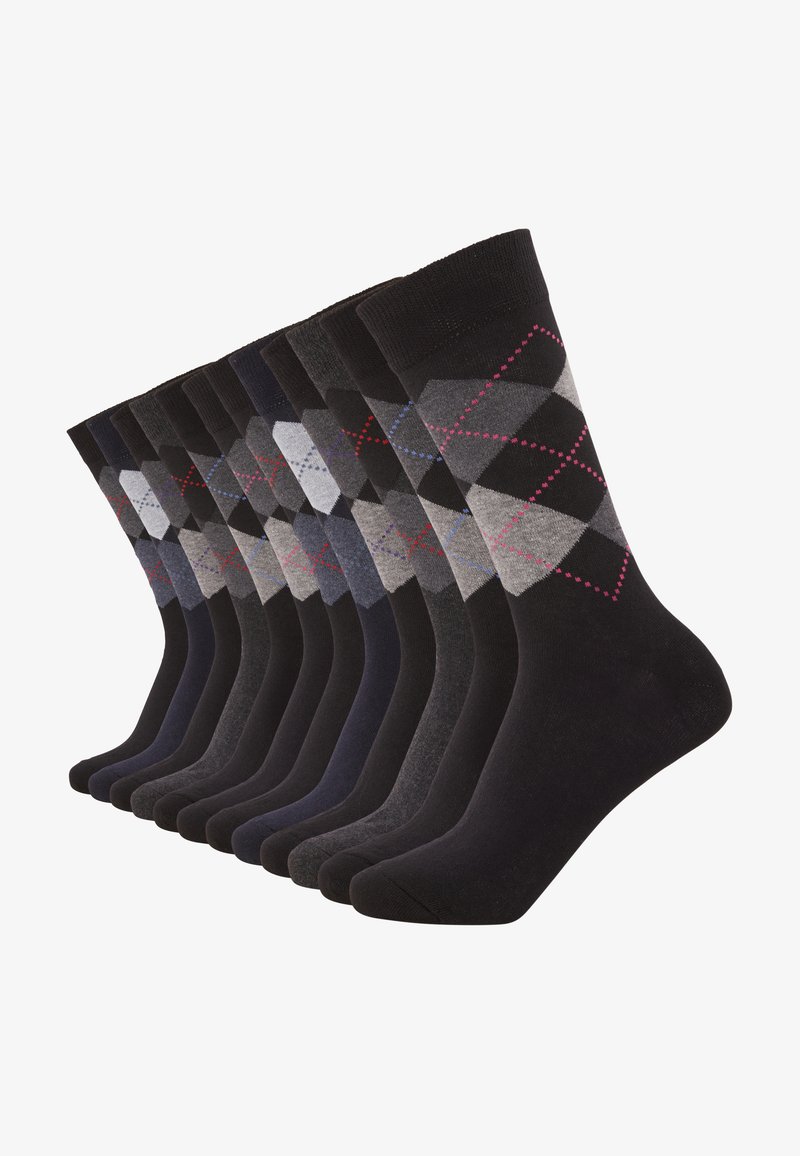 Pack of socks featuring varied shades of black and gray, with a diamond pattern in colors like red and blue on select pairs.