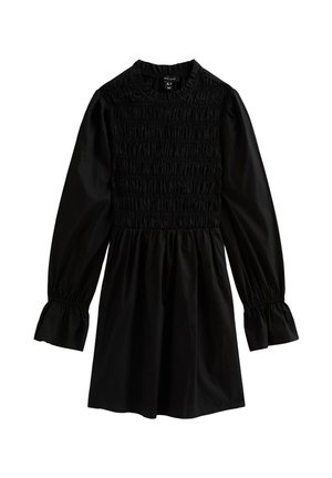 Robe noire avec un corsage froncé, des manches longues avec des poignets à volants, et une jupe évasée, fabriquée en tissu léger.