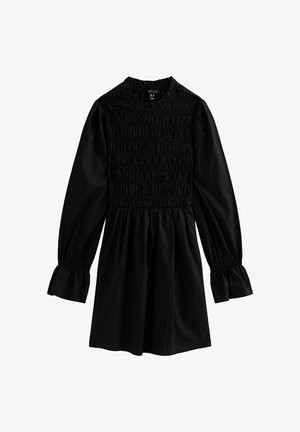 Robe noire avec un corsage froncé, des manches longues avec des poignets à volants, et une jupe évasée, fabriquée en tissu léger.