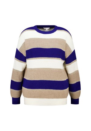 Gebreide trui in blauw, wit en beige strepen. Heeft een ronde hals en lange mouwen, met een losse, textuurachtige pasvorm.