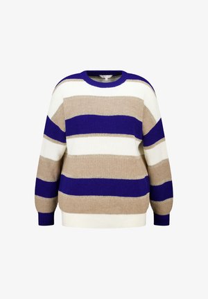 Gebreide trui in blauw, wit en beige strepen. Heeft een ronde hals en lange mouwen, met een losse, textuurachtige pasvorm.