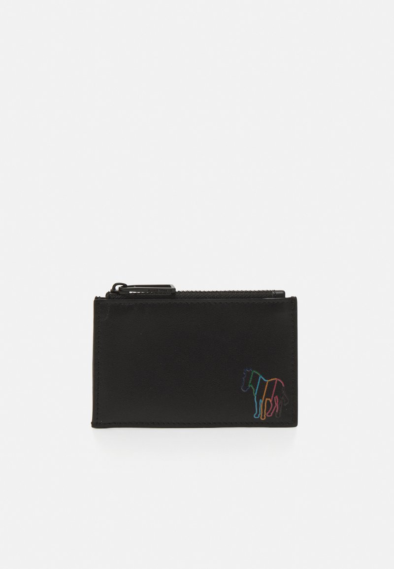 Black leather wallet with a zip closure. Features a colorful horse graphic on the front. Smooth texture, rectangular shape, compact design.