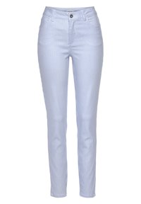Blaue und weiße gestreifte Jeans aus Denim, mit tailliertem Schnitt, fünf Taschen und einem Knopfverschluss. Weiche Textur.