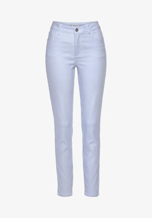 Mėlynos ir baltos dryžuotos džinsų kelnes, pagamintas iš džinsinio audinio, su prigludusia forma, penkiomis kišenėmis ir mygtukų uždarymu. Glotnus paviršius.