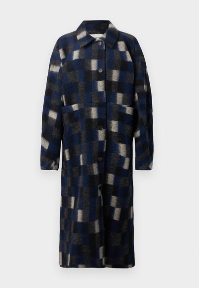 Wool-blend coat featuring a blue, black, and gray check pattern, button closure, pointed collar, and two front pockets.