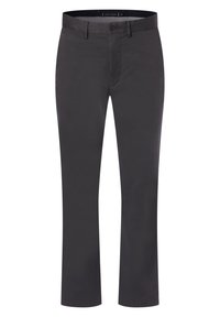 Šedé bavlněné kalhoty s rovnými nohavicemi, které mají zapínání na knoflík a poutka na opasek. Hladký povrch a minimalistický styl.